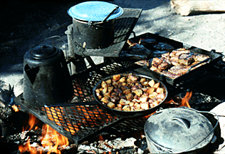 Food cooks on the grill over an open fire.