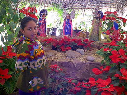 A little girl stands in front of the special Christmas display at the Cultural Center in Todos Santos, Mexico.