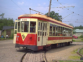 Trolley rolls into the depot at Kennebunkport Trolley Museum, Kennebunkport, Maine